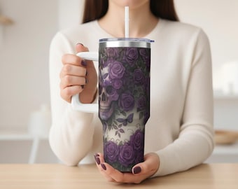 40 oz Purple Skull Tumbler, Gothic Roses Stainless Steel Travel Mug, Spooky Halloween Hydration