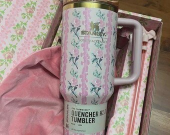 Stanley X Love Shack Fancy Quencher 40 oz Tumbler Cup Sunshine Rose Gift Box Floral Pink Travel Mug with Handle Coquette Aesthetic Drinkware