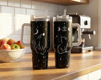 40oz Gothic Cat Tumbler, Spooky Black Cat Travel Cup, Dark Academia Drinkware