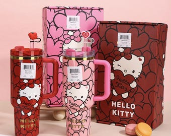 Stanley Hello Kitty Sweet Hearts Tumbler 40 oz Kawaii Pink Travel Cup with Handle Cute Cartoon Straw Mug Valentine's Heart Drinkware