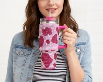 40oz Rose Pink Cow Rhinestone Tumbler with Handle, Sparkly Cow Print Insulated Cup