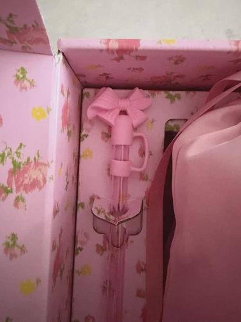 May include: A pink bottle with a bow-shaped stopper is inside a floral-patterned box. The box and bottle are a soft pink color. The box has a floral pattern with pink and yellow flowers.
