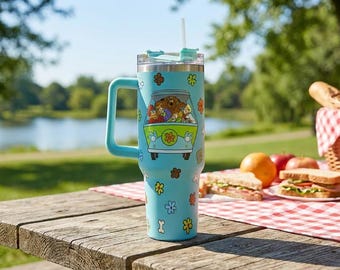 SCOOBY-DOO Cartoon Pattern 40oz Tumbler With Handle, Funny Mystery Dog Travel Cup, Retro Cartoon Drinkware, Stainless Steel Straw Mug