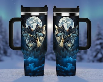 40 Oz Wolf Fox Tumbler with Handle, Insulated Stainless Steel Travel Mug, Wildlife Cup