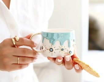 Handmade Evil Eye Mug, Ceramic Coffee Cup, Blue Rain Design