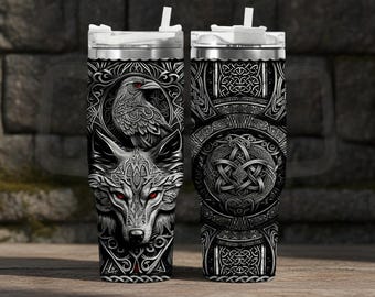 Celtic Wolf Tumbler, Norse Viking Stainless Steel Travel Mug, 40oz