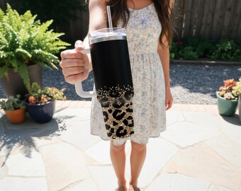 40oz Gold Leopard Print Tumbler with Handle, Insulated Stainless Steel Travel Mug