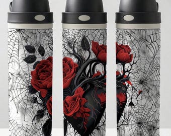 24 Oz Insulated Water Bottle Gothic Dark Romance, Black Heart with Red Roses and Spider Design, Spooky Aesthetic Stainless Steel Bottle