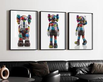 Póster imprimible de Kaws: Arte mural de estilo urbano con figuras de Hypebeast y grafiti negro (descarga digital)