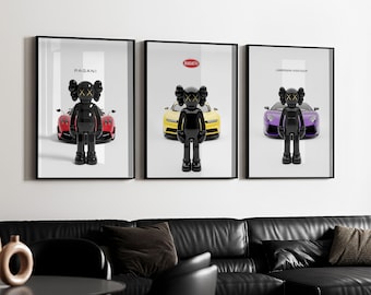 Juego de 3 pósteres de superdeportivos Kaws, descarga digital, arte mural de coches Hypebeast, láminas de coches deportivos, decoración moderna para garaje.