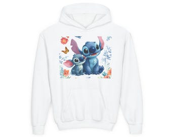 Cute Blue Alien Characters Hoodie | Floral Stitch-Inspired Artwork
