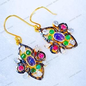 Vintage Multi Color Gemstone Drop Earrings, Floral Statement Earrings Tanzanite Uncut Polki Diamonds Emerald Ruby, Sterling Silver, Jewelry