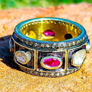 92.5 Silver Uncut Polki Diamond With Single Cut  Diamond And Glass Filled Ruby Sterling Ring For Unisex