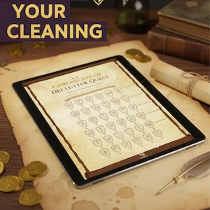 Könnte beinhalten: Ein Tablet zeigt eine Entrümpelungs-Quest-Tabelle mit Schildsymbolen. Der Text "GAMIFY YOUR CLEANING" steht oben. Das Tablet liegt auf gealtertem Pergament, umgeben von Goldmünzen, einer Feder und einer Schriftrolle. Eine Flasche und Bücher befinden sich im Hintergrund.