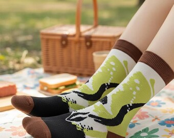Chaussettes ras du cou artistiques 2025 en jacquard, motif géométrique et animal, chaussettes mi-mollet pour homme/femme