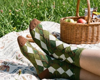 Collection de chaussettes Spring Picnic Vibes | Chaussettes ras du cou vintage à blocs de couleurs et à motif losanges