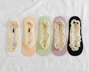 discrètes en dentelle à volants | Chaussettes d'été fines antidérapantes invisibles pour chaussures plates, mocassins et tenues coquette, lot de 5 couleurs