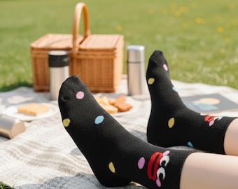 Chaussettes ras du cou noires audacieuses, imprimé pois multicolores, chaussettes amusantes avec personnages de dessins animés à porter au quotidien