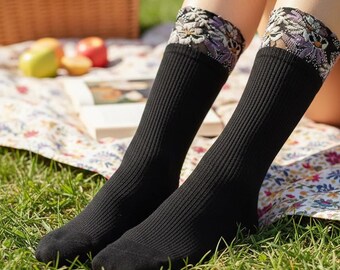 2025 nouveauté printemps pique-nique vintage floral dentelle bordure chaussettes esthétiques noir côtelé jusqu'aux genoux chaussettes