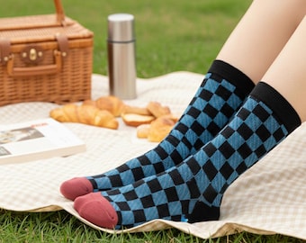 Chaussettes ras du cou 2025 géométriques rétro en jacquard, blocs de couleurs contrastées, chaussettes mi-mollet pour homme/femme