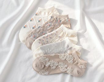Socquettes texturées pastel | Chaussettes quotidiennes décontractées à fleurs brodées pour femmes, pour chaussettes de printemps