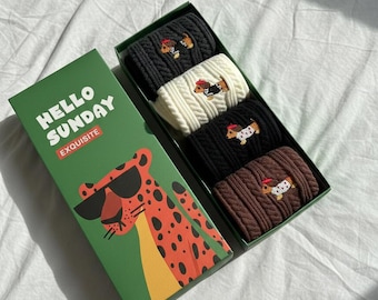 Chaussettes en tricot torsadé avec broderie chien mignon, boîte-cadeau haut de gamme - cadeau de vacances parfait, style vintage en coton doux