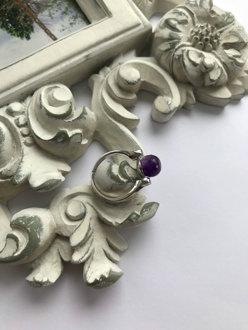 Statement Ring Adjustable Sterling Silver Band Amethyst Solitaire Purple Amethyst Ring Pantone Color Faceted Round 8mm Genuine Stone