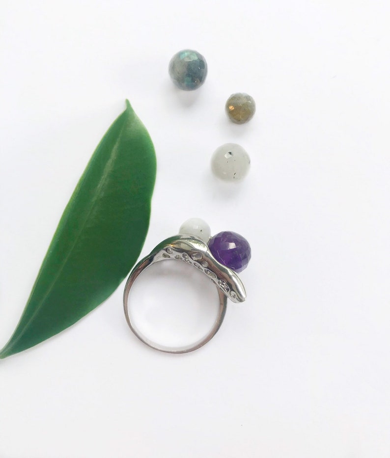 Amethyst Moonstone Labradorite Custom Gemstone Ring Folded Leaf Ring Mothersday Gift Leaf Statement Ring Nature Inspired