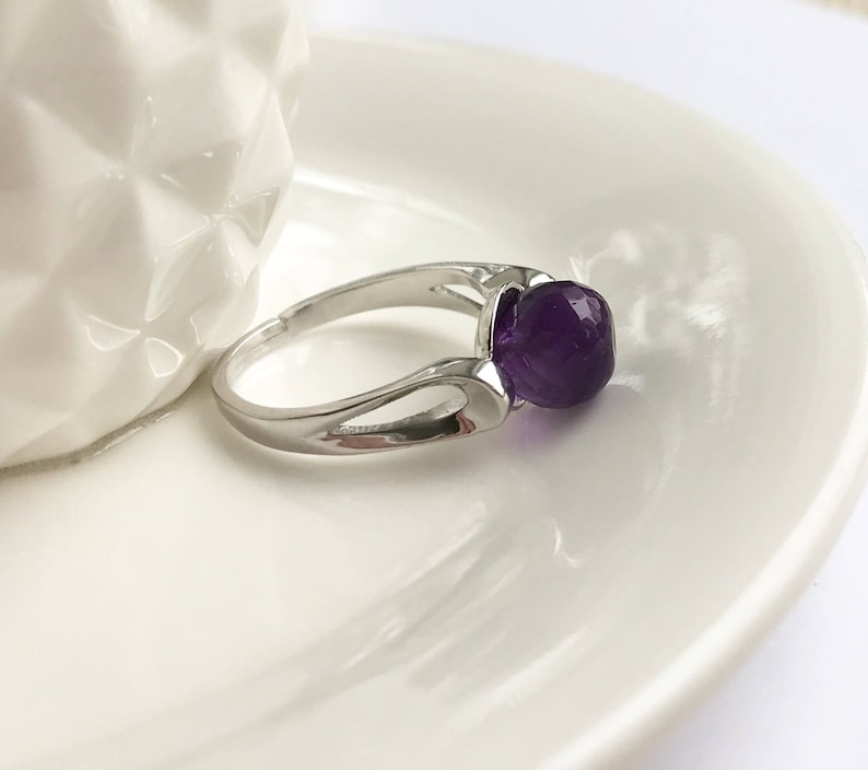 Statement Ring Adjustable Sterling Silver Band Amethyst Solitaire Purple Amethyst Ring Pantone Color Faceted Round 8mm Genuine Stone