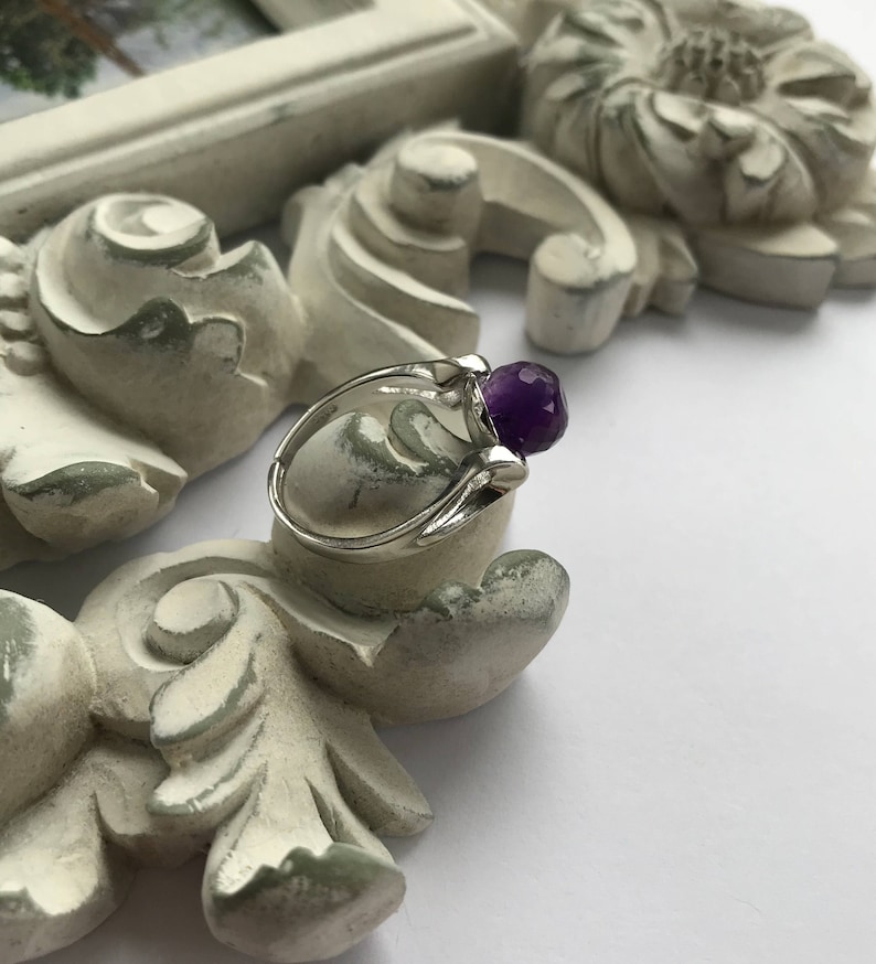 Statement Ring Adjustable Sterling Silver Band Amethyst Solitaire Purple Amethyst Ring Pantone Color Faceted Round 8mm Genuine Stone