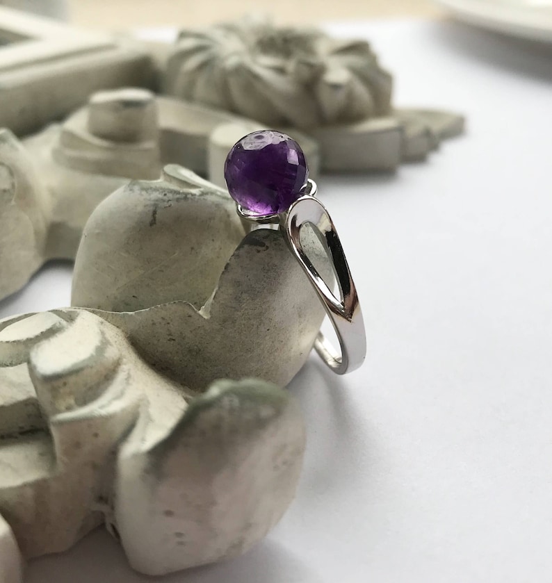 Statement Ring Adjustable Sterling Silver Band Amethyst Solitaire Purple Amethyst Ring Pantone Color Faceted Round 8mm Genuine Stone