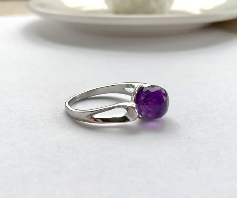 Statement Ring Adjustable Sterling Silver Band Amethyst Solitaire Purple Amethyst Ring Pantone Color Faceted Round 8mm Genuine Stone