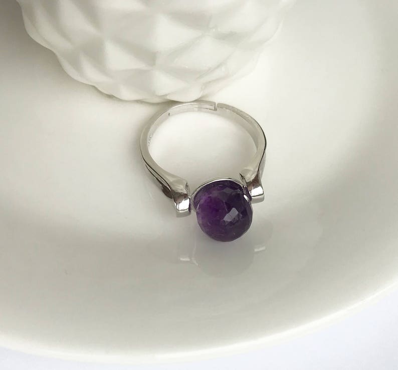 Statement Ring Adjustable Sterling Silver Band Amethyst Solitaire Purple Amethyst Ring Pantone Color Faceted Round 8mm Genuine Stone