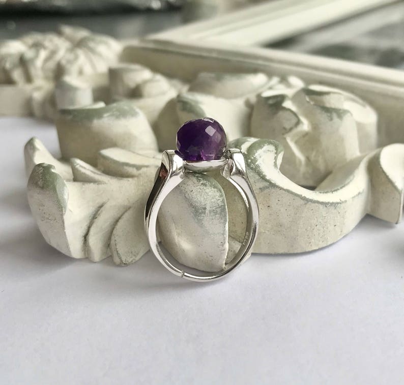 Statement Ring Adjustable Sterling Silver Band Amethyst Solitaire Purple Amethyst Ring Pantone Color Faceted Round 8mm Genuine Stone