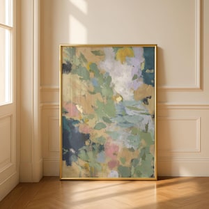 May include: A rectangular wall art piece featuring an abstract painting with layered brushstrokes in shades of sage green, muted gold, soft pink, deep navy blue, and white, all enclosed within a thin, metallic gold-toned frame.