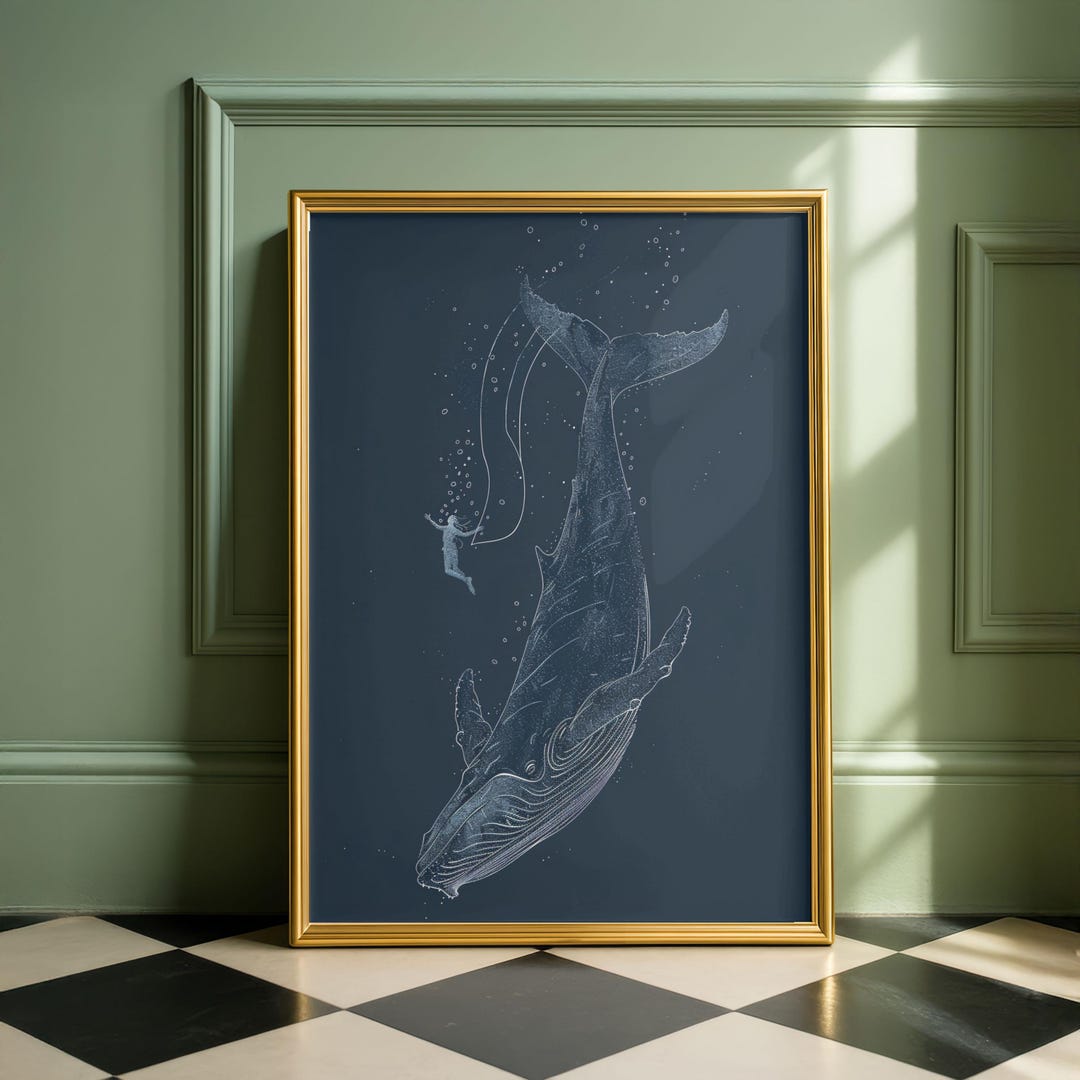 Whale Diver Wall Art Print, Deep Sea Illustration, Minimalist Ocean ...