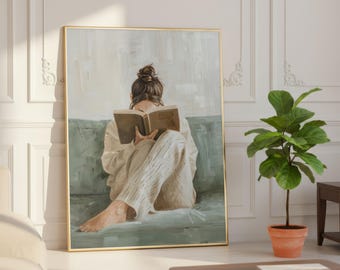 Book Lover Wall Art, Woman Reading Print, Cozy Neutral Artwork, Figurative Painting, Reading Nook Decor