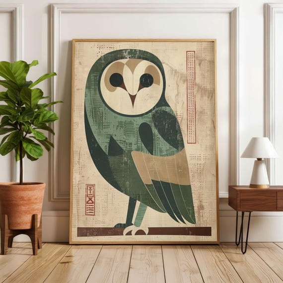 Japanese Owl Art Print, Japandi Owl Wall Art, Vintage Woodblock Style, Mid Century Modern Bird Art, Neutral Nature Decor