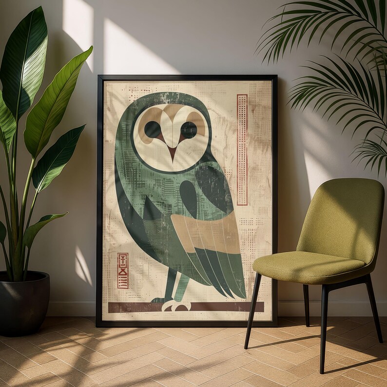 Op de afbeelding: Een ingelijste kunstdruk met een gestileerde uil-illustratie. De uil is afgebeeld in tinten groen, beige en bruin tegen een textuurachtergrond. Het kunstwerk is zwart omlijst en geplaatst tegen een neutrale muur, met een groene stoel en planten op de achtergrond.