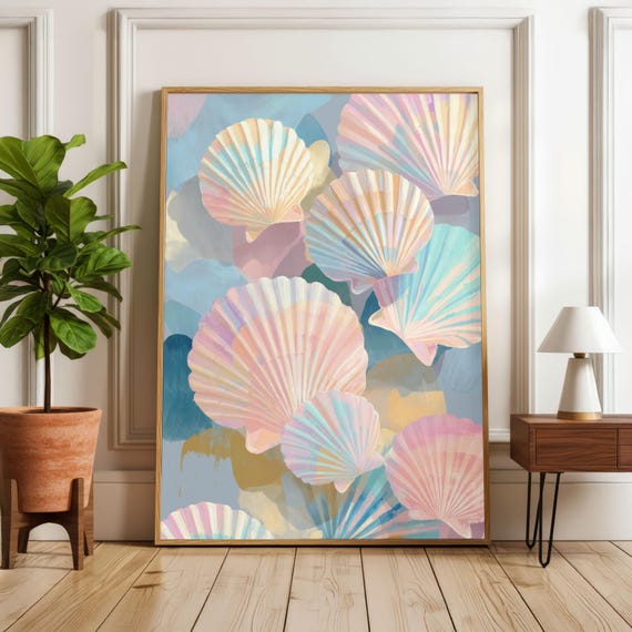 Pastel Seashell Wall Art, Scallop Shell Print, Colourful Coastal Bathroom Decor