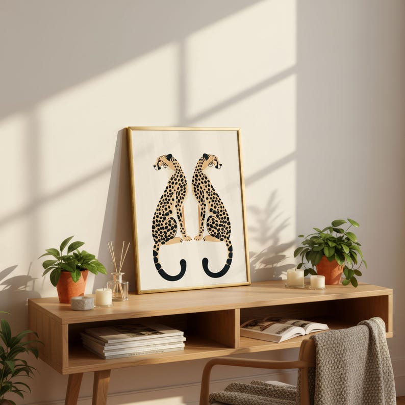 May include: A framed art print featuring two stylized cheetahs facing each other. The cheetahs have black spots on a tan background. The print is in a gold frame and is displayed on a wooden console table with plants and candles.