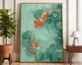 Koivissen muurkunst print, Japans geïnspireerd vijverdecor, zen aquarelkunstwerk, Aziatisch esthetische muur decor, rustige koi schilderij poster