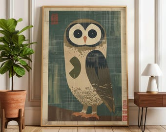 Japanse uilenkunstprint, vintage houtsnede vogelwanddecoratie, mid-century moderne uilenposter, Japandi natuurdecoratie, retro dierenkunst