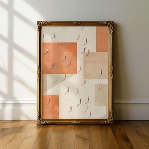 May include: Framed artwork featuring an abstract design with geometric shapes in shades of peach, beige, and white. Small figures are scattered throughout the composition. The ornate gold frame adds a classic touch to the modern art piece.