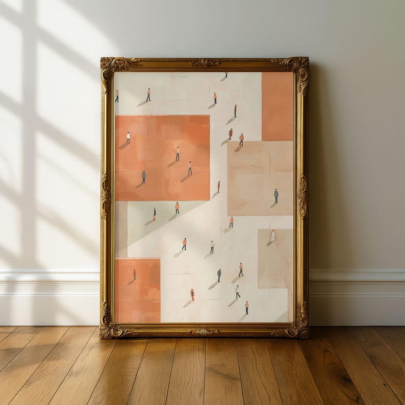 May include: Framed artwork featuring an abstract design with geometric shapes in shades of peach, beige, and white. Small figures are scattered throughout the composition. The ornate gold frame adds a classic touch to the modern art piece.