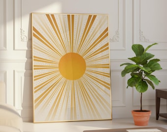 Sunshine Wall Art Print, Boho Sun Print, Yellow Wall Art, Bright Minimalist Poster, Happy Retro Sunshine Decor, Warm Neutral Wall Art