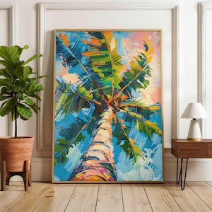 Puede incluir: Pintura abstracta de una palmera, vista desde abajo. La obra presenta un estilo texturizado e impresionista con azules, verdes, naranjas y rosas vibrantes. El tronco de la palmera es de color claro, y las frondas son una mezcla de verde y naranja.