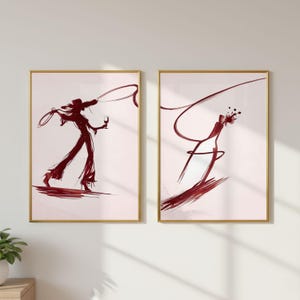 Western Wine Art Print Set of 2 – Abstract Cowgirl Red Wine Wall Art, Modern Burgundy Cowboy Dining Room Deco, Fashion Illustration Poster