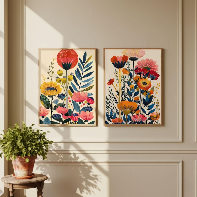 Modern Botanical Wall Art Set of 2 – Colorful Floral Prints, Vibrant ...