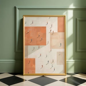 May include: A framed art print featuring an abstract design with geometric shapes in shades of peach, beige, and white. Small figures of people are scattered throughout the design. The frame is gold.